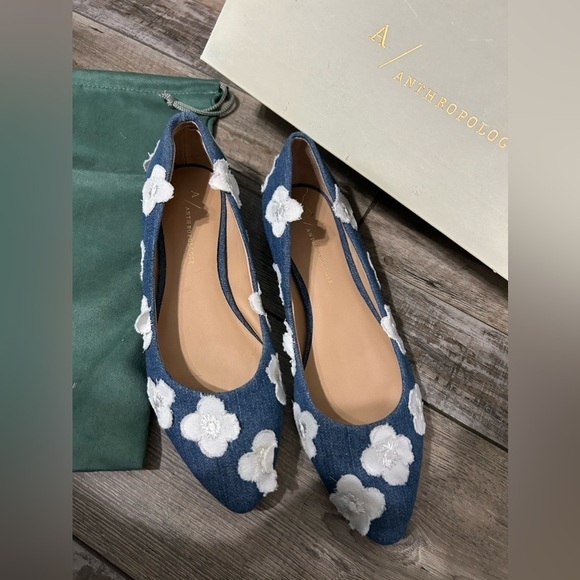 Anthropologie Dark Denim White Floral Applqe Ballet flats shoes TJL-20-6 - Picture 2 of 10